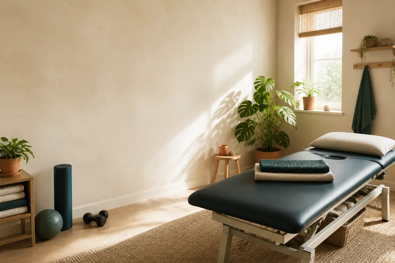 Warm sunlit physiotherapy room with a treatment table, exercise equipment and indoor plants