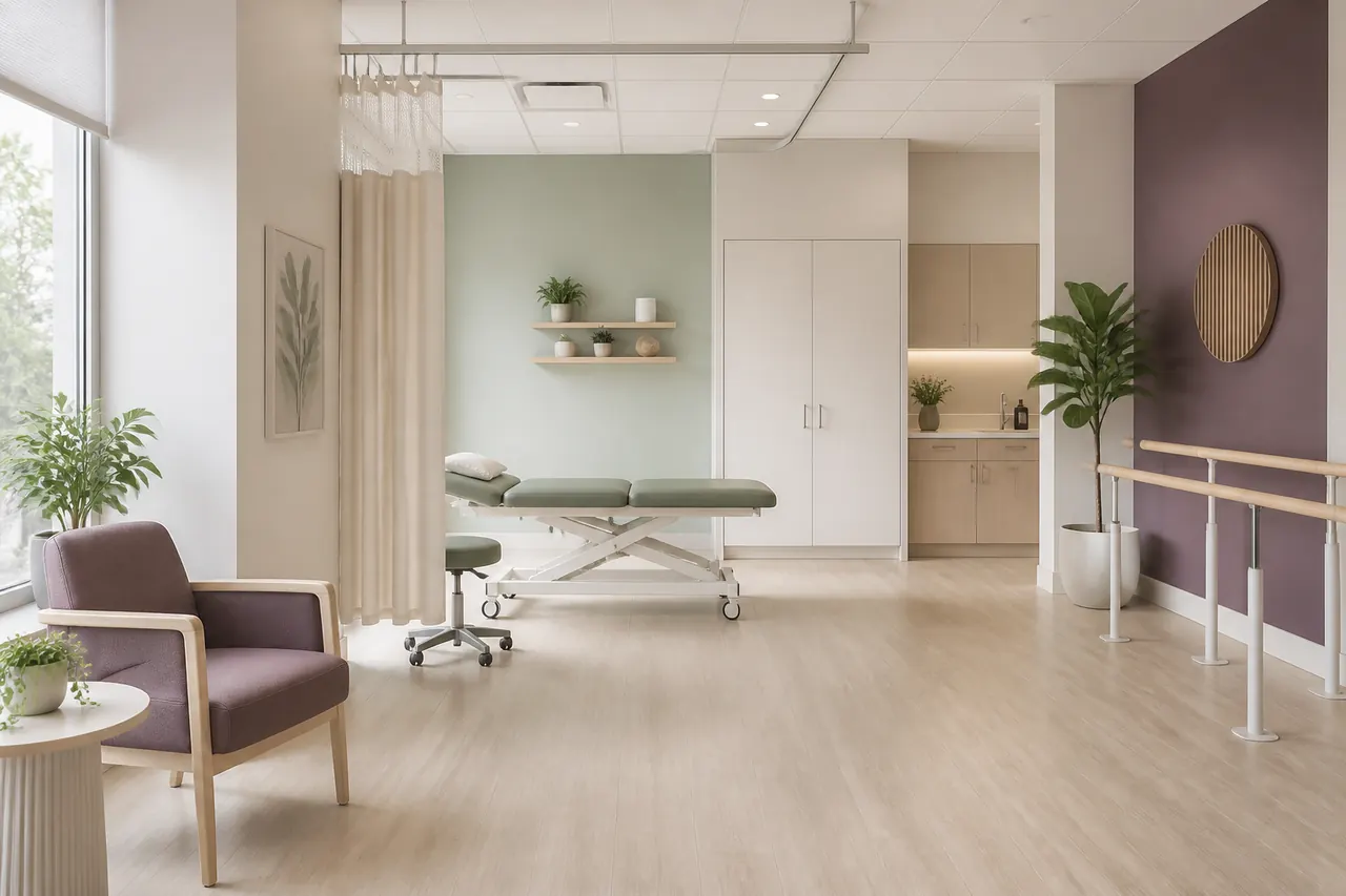 Bright accessible physiotherapy clinic with a treatment table, balance rails and closed storage