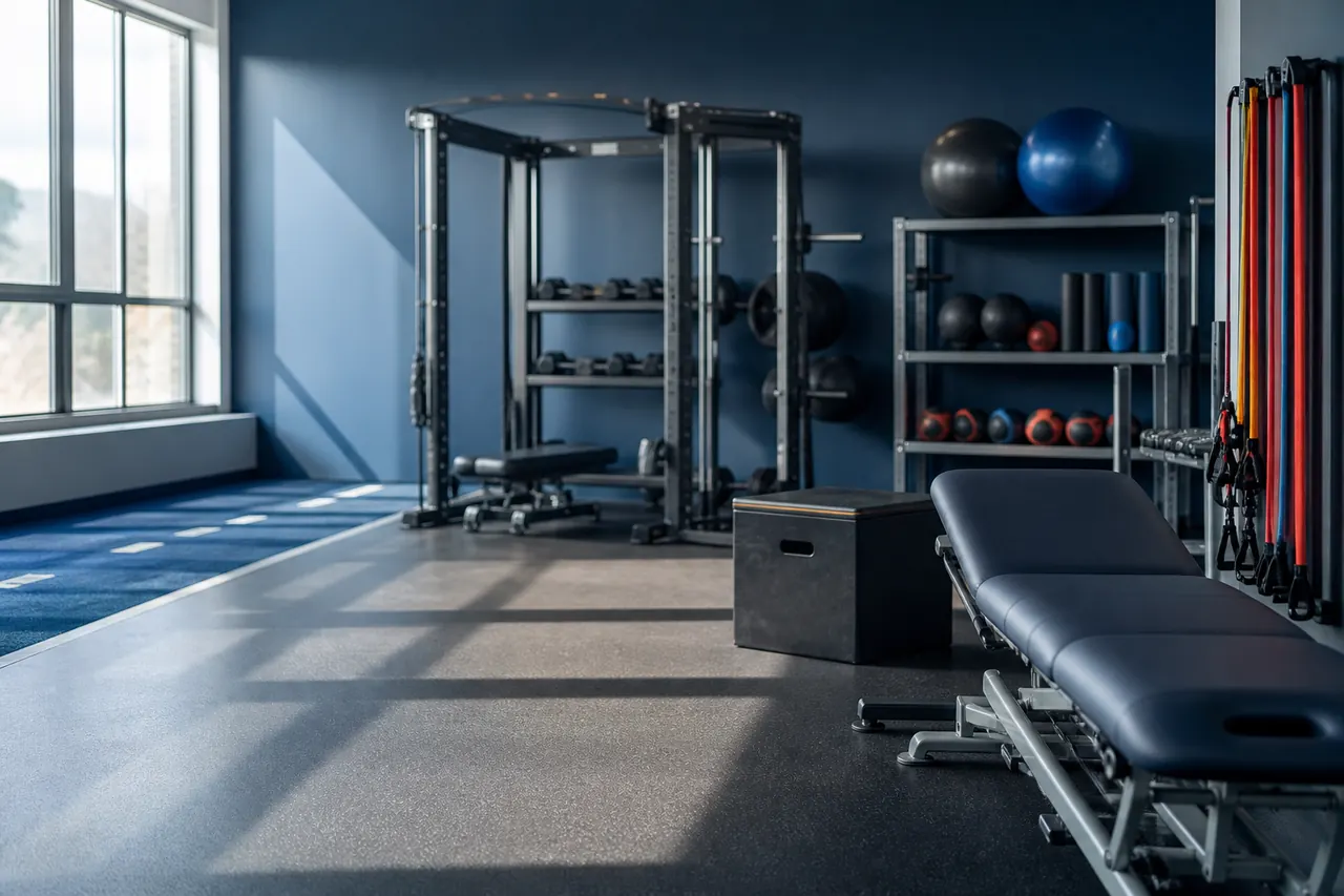 High-contrast sports rehabilitation studio with a treatment table and functional training equipment